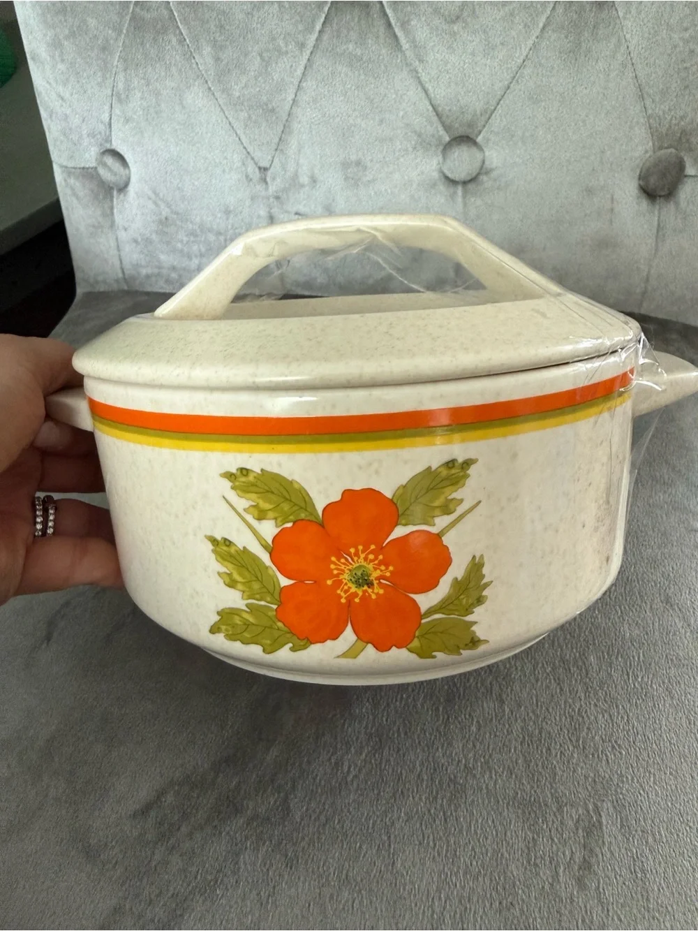 Vintage 70s Lenox Temper-Ware Fire Flower Casserole Dish With Lid and gravy boat